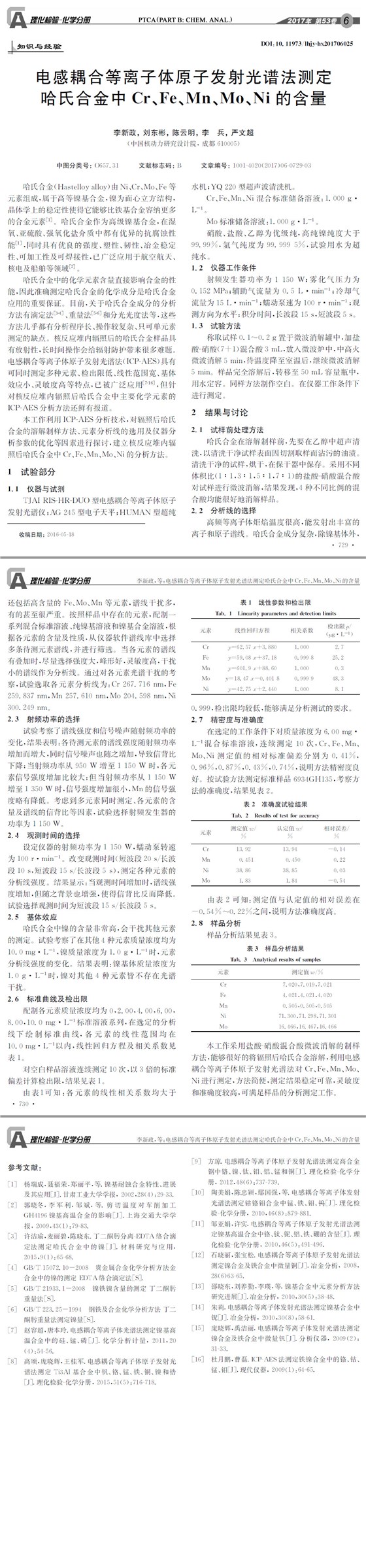 電感耦合等離子體原子發(fā)射光譜法測定哈氏合金中Cr、Fe、Mn、Mo、Ni的含量