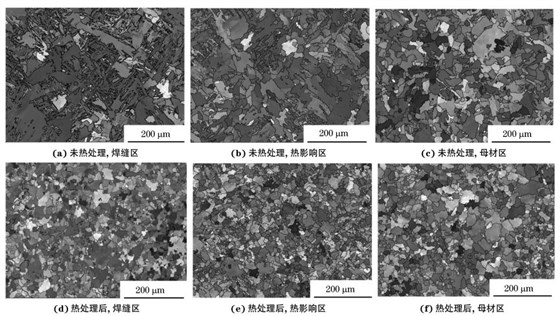 圖２ 熱處理前后焊接接頭焊縫區(qū)、熱影響區(qū)和母材區(qū)的取向成像圖
